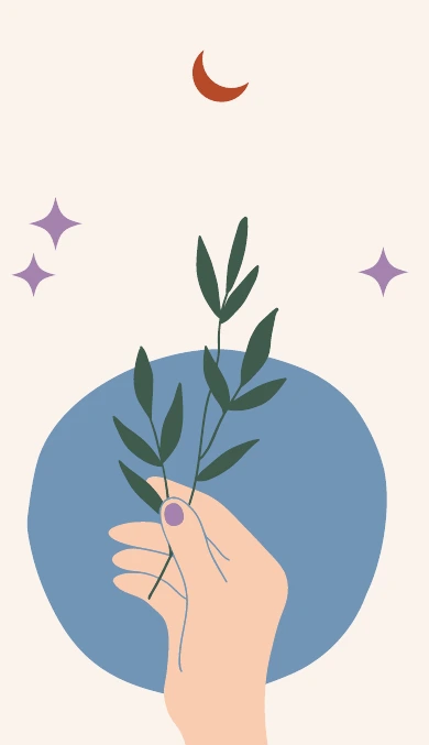 Karla’s chakra-system artwork, a hand holding a botanical branch with moon and stars